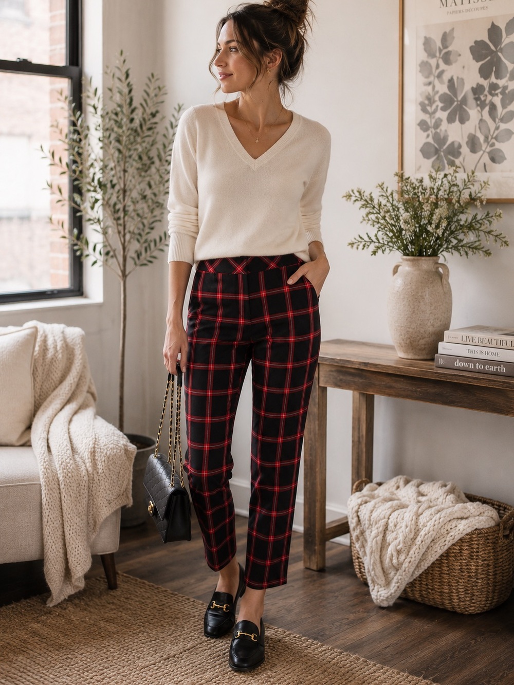 Trina Turk Red Black Plaid Cropped Ankle Pants Size 6 Career Holiday Preppy Chic